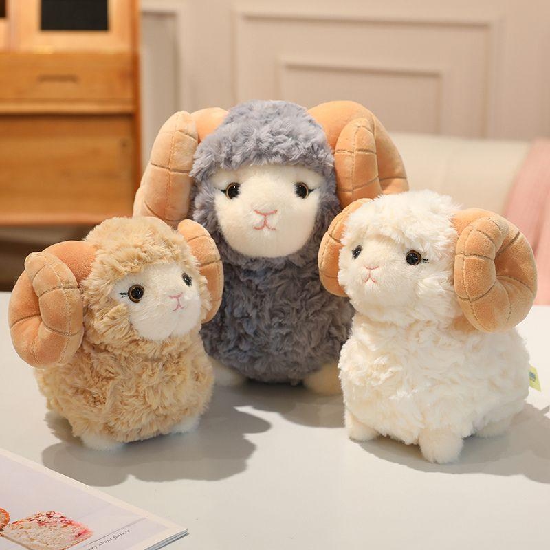 Cute Curly Horn Ram Sheep Plush Toy Squishy Fluffy Stuffed Animal Lamb Doll In White Grey Beige For Birthday Gift Home Decor