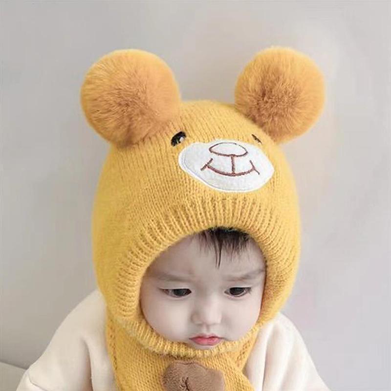 Cute Bear Beanie Cap For Baby Cartoon Warm Knitted Hat Autumn Winter Toddler Ear Protection Caps