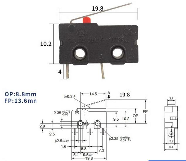 KW12 Micro Tripod Lever Switch, 5A/250V, KW11-3Z, Travel Limit Contact Button.