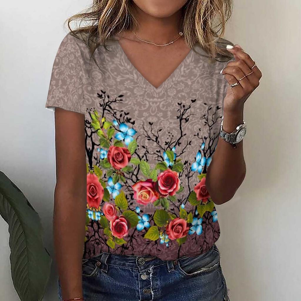 Модная футболка с 3D принтом подсолнечника и цветочным принтом, летние женские футболки с v-образным вырезом в стиле Харадзюку, уличная одежда больших размеров, футболки Y2k, верхняя женская одежда