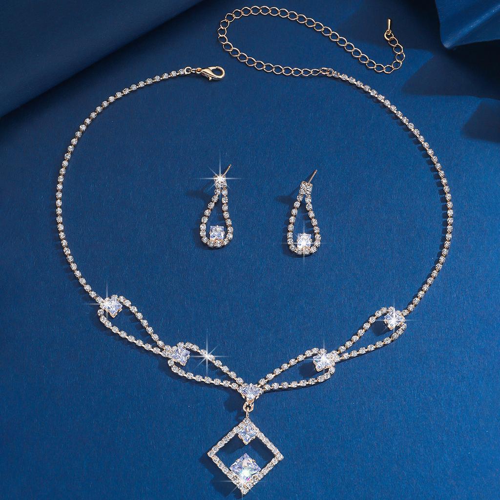 Fashion Light Luxury Super Shiny Zircon Square Necklace Earrings Wedding Set Bridal Dress Accessories
