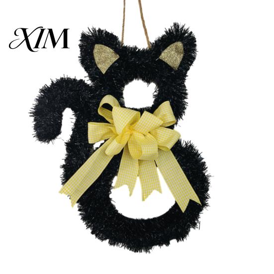 Spooky Entrance Ornament Halloween Cat Wreath, Cute Black Shape Door Hanging Ornament, Glitter Tinsel Decor Wreath with Bow for Mantel, Wall, Window,