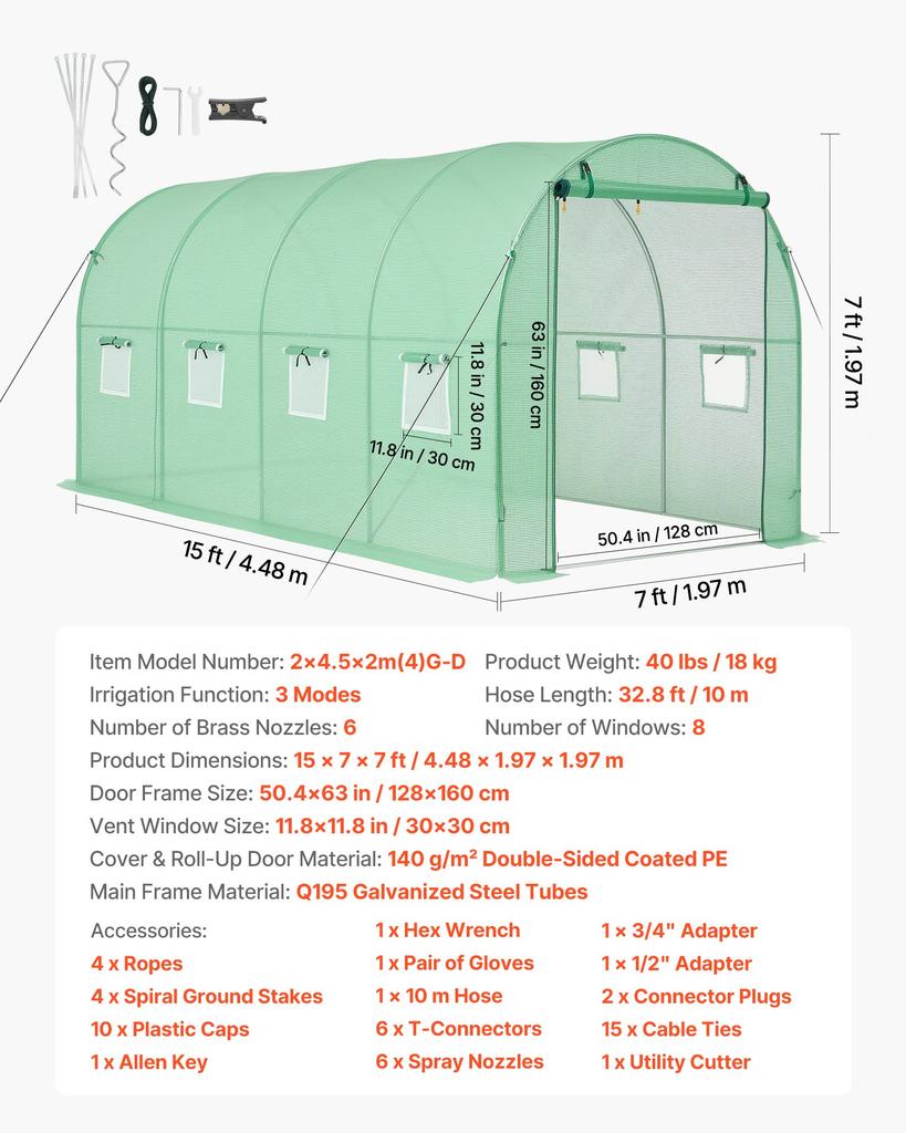 VEVOR Walk-in Tunnel Greenhouse, 4.48x1.97x1.97 m Hoop House Greenhouse Tunnel with Watering System, Plant Hot House with Steel Frame, PE Cover