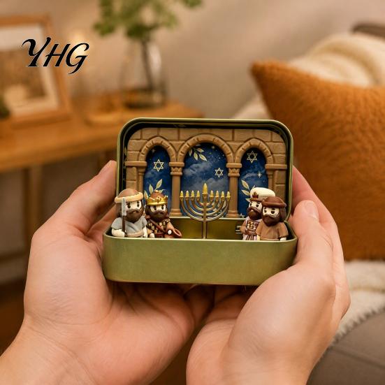Religious Home Decoration Hanukkah Miniature Diorama Scene Box, 3D Printed Pocket Figurine Set with Retro Iron Box Display Storage Case, Menorah Micro