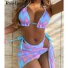 With Sarong Halter Tie Dye Bikini Women Swimwear Female Swimsuit Three-pieces Bikini Set Padded Bather Bathing Suit Swim