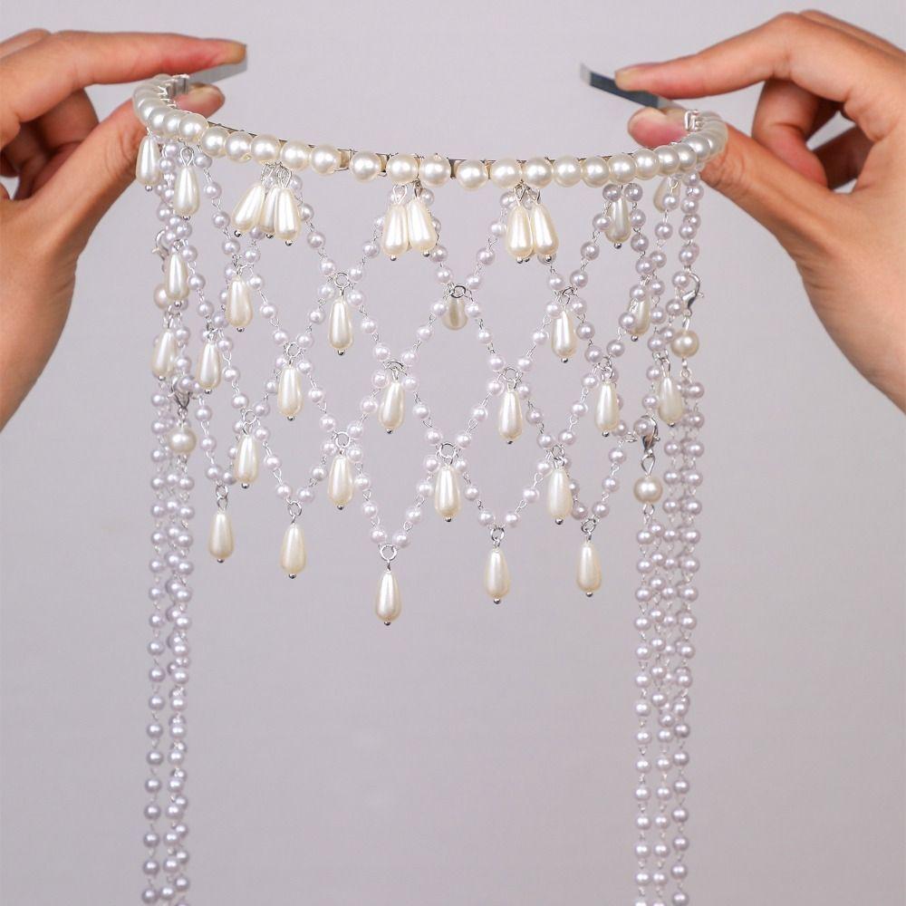 Dangling Fringe Wedding Headpiece Handmade Imitation Pearls Hair Accessory Headband Wedding Party