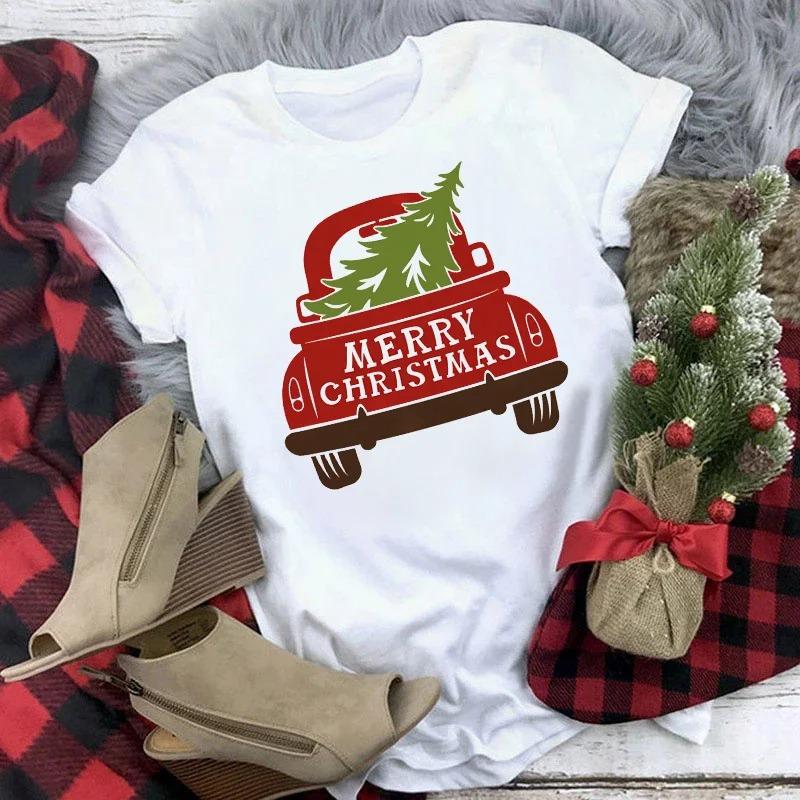 Truck SnowUnisex Family Christmas TShirt Womens Short Sleeve Cute Casual Top Cartoon SnowUnisex with Santa Hat Print