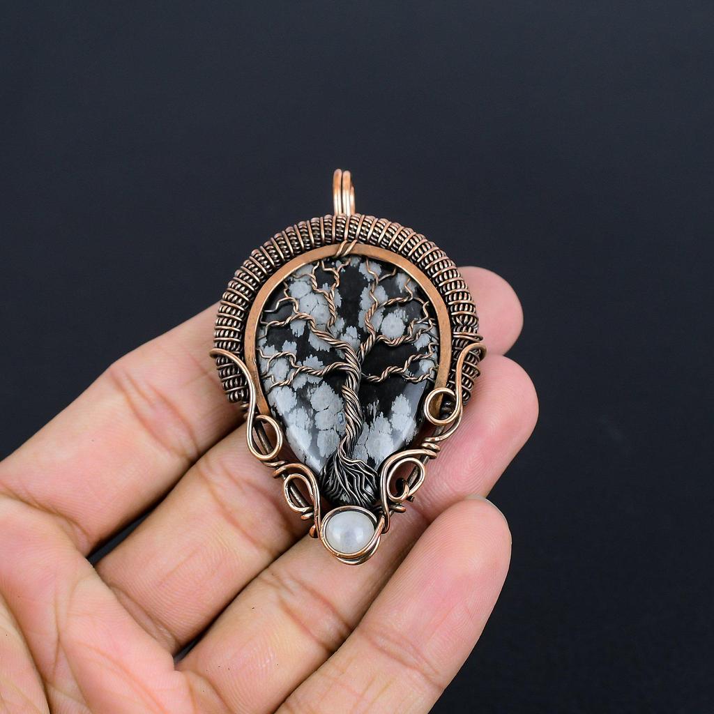 Tree Of Life Snowflake Obsidian Pendant, 999 Copper Wire Wrapped Gemstone Handmade Dainty Jewelry Pendant, For Her