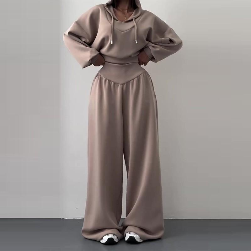 Womens Casual Tracksuit Set Solid Color Hooded Sweatshirt High Waist Jogger Pants Outfit
