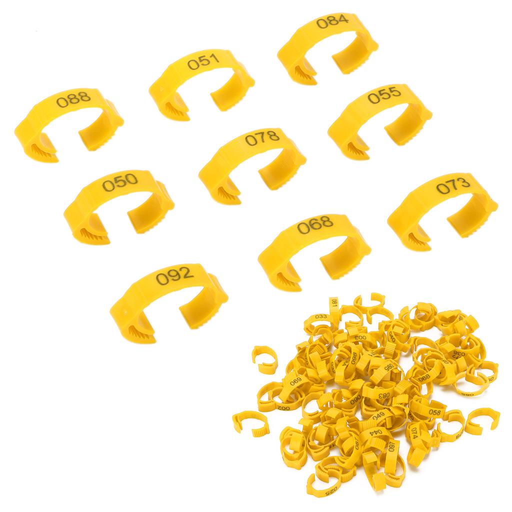 100Pcs Poultry Foot Rings Identification Leg Buckle with Numbers for Chicken Duck BirdYellow