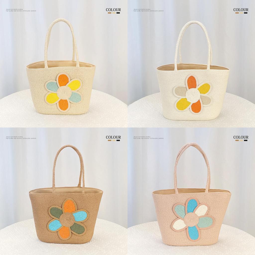 Simple Flower Color Blocked Pattern Women Casual Large Capacity Woven Tote Bag For Daily Fashion And Outdoor Activities