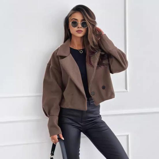 Women Fall Winter Coat Short Type Turn-down Collar Solid Color Loose Button Closure Cardigan OL Commuting Jacket Lady Daily Outwear