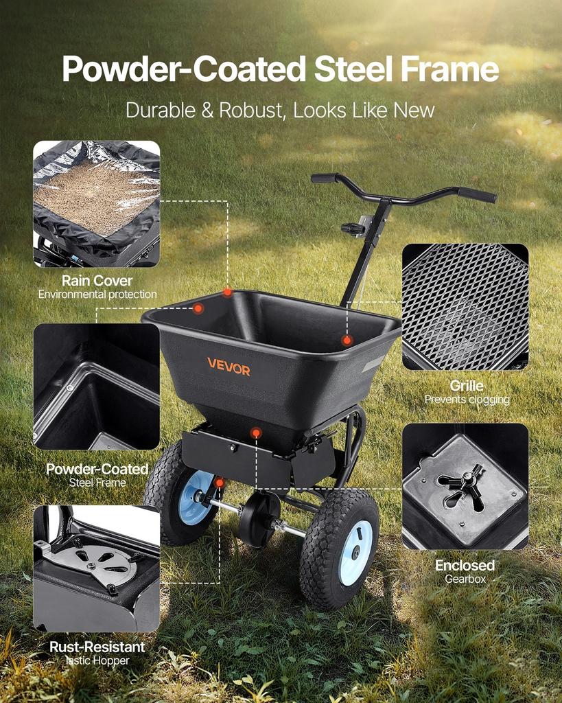 Lawn Spreader, 100LBS Capacity, Walk-Behind Push Spreader, 0-9.8ft Spreading Width, 13 in All Terrain Pneumatic Tires, Fertilizer Spreaders with