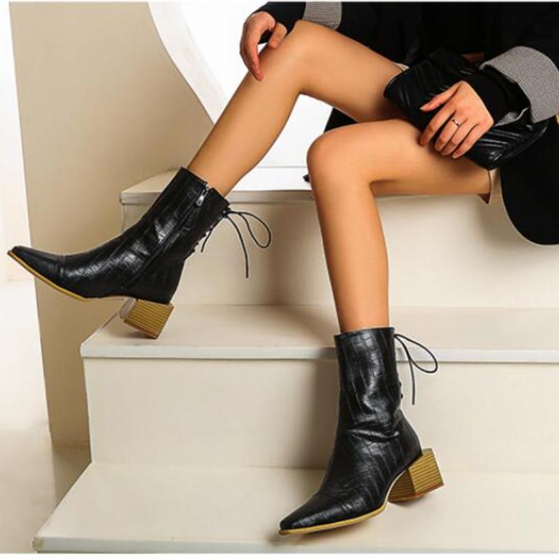 Женские сапоги средней длины, большие размеры, осенние и зимние сапоги на толстом каблуке на квадратном каблуке с застежкой-молнией