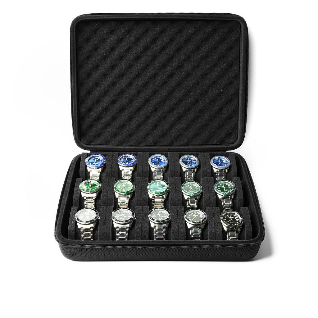 15-Watch Case, Travel Watch Storage Bag with Hard Cover and Custom Sponge Pillow for Small and Large Watches, Dive Watches, and Sports Watches