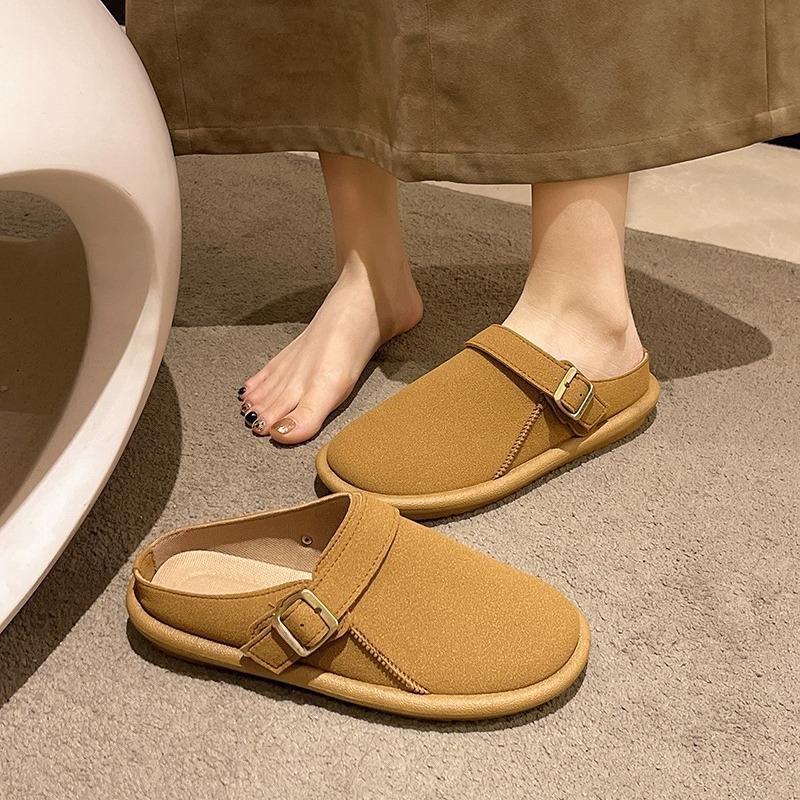 Fashion New Spring Baotou Slippers Round Toe Deep Mouth Versatile Matte Dependent Metal Buckle Soft Sole Slip-on Flat Shoes