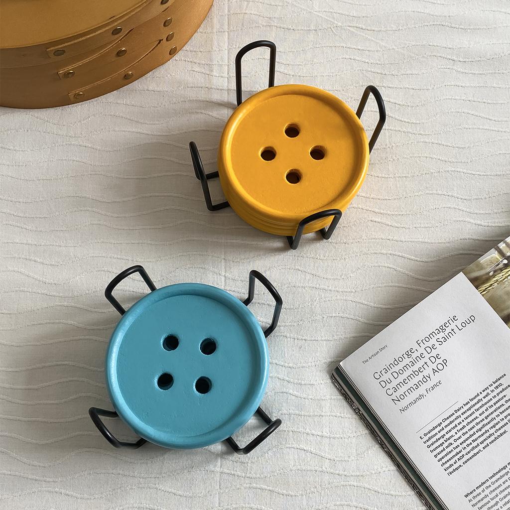 6-Piece Original Colorful Button Coaster Set with Cross-Shaped Iron Rack Coaster Holder Dopamine Round Wooden Coasters Exquisite Coffee Cup Holders
