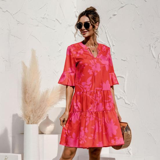 Женское летнее мини-платье с пышными короткими рукавами, V-образным вырезом и плиссировкой, в стиле бохо