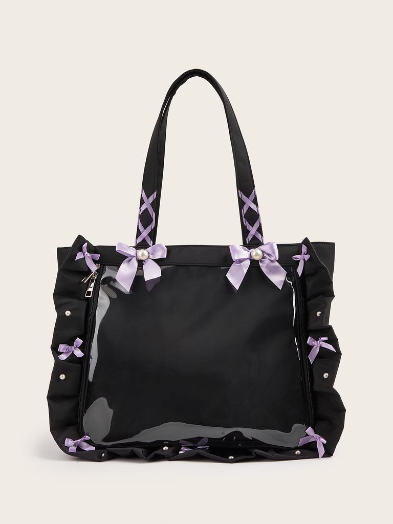Japanese Ruffled Ribbon Bow Ita Bag Women Sweet Cute Multifunctional Clear Shoulder Purse Ladies Anime Badge Spacious Tote Bag