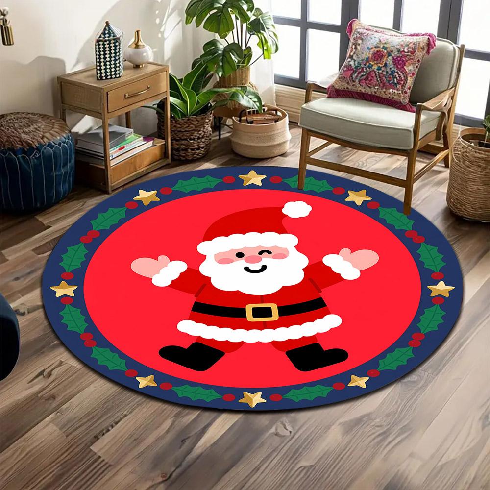 Happy Santa Claus Christmas Design Print round rug, living room, bedroom, playroom carpet, non slip floor mat, gift