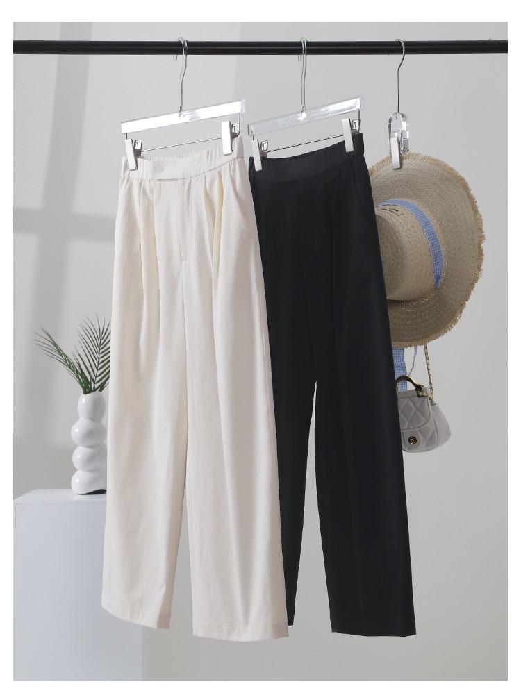 Double pleated elastic waist thin straight leg pants for women