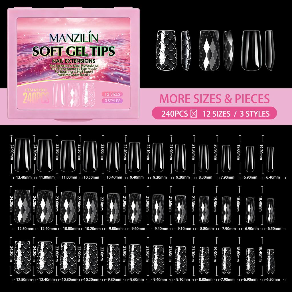 Xiaomi 240pcs Press On Nails 3Styles Mixed 3D Diamond/Fish-Scale/Shell Almond Coffin False Nail Tips Full Cover Extension Fake Nails