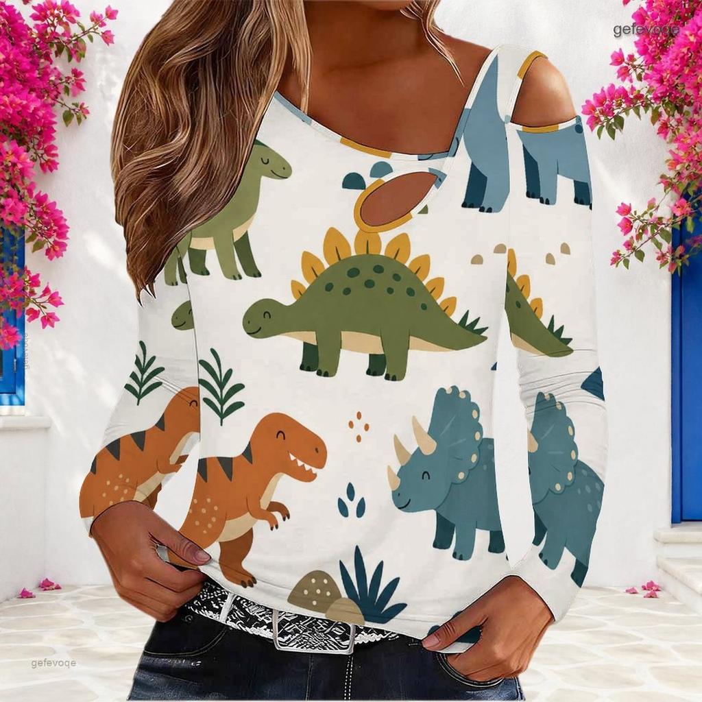 Women Plus Size Asymmetric Cutout Neck Cold Shoulder Long Sleeve Black White Printed Fitted Top
