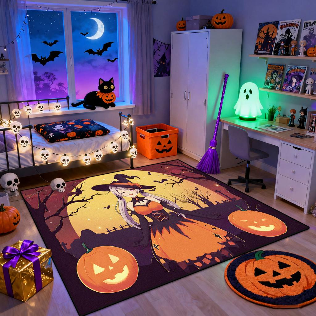 Halloween Anime Style Bedroom Bedside Carpet Pumpkin Cute Decoration Living Room Rug Girl's Room Fluffy Washable Floor Mat Soft