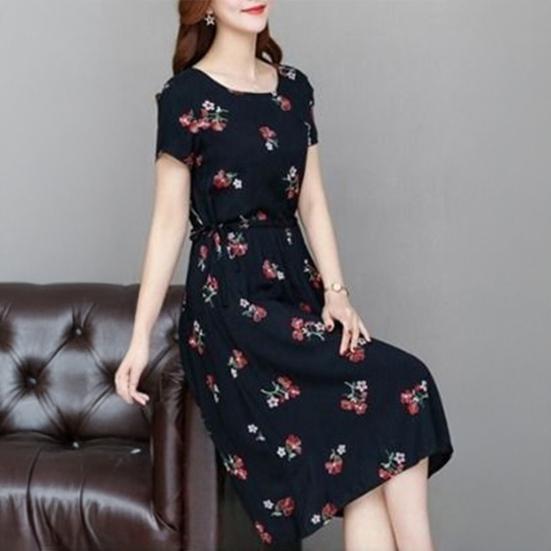 Женское летнее платье с цветочным принтом в стиле бохо с короткими рукавами и круглым вырезом, струящееся пляжное платье-сарафан А-силуэта с завязками на талии