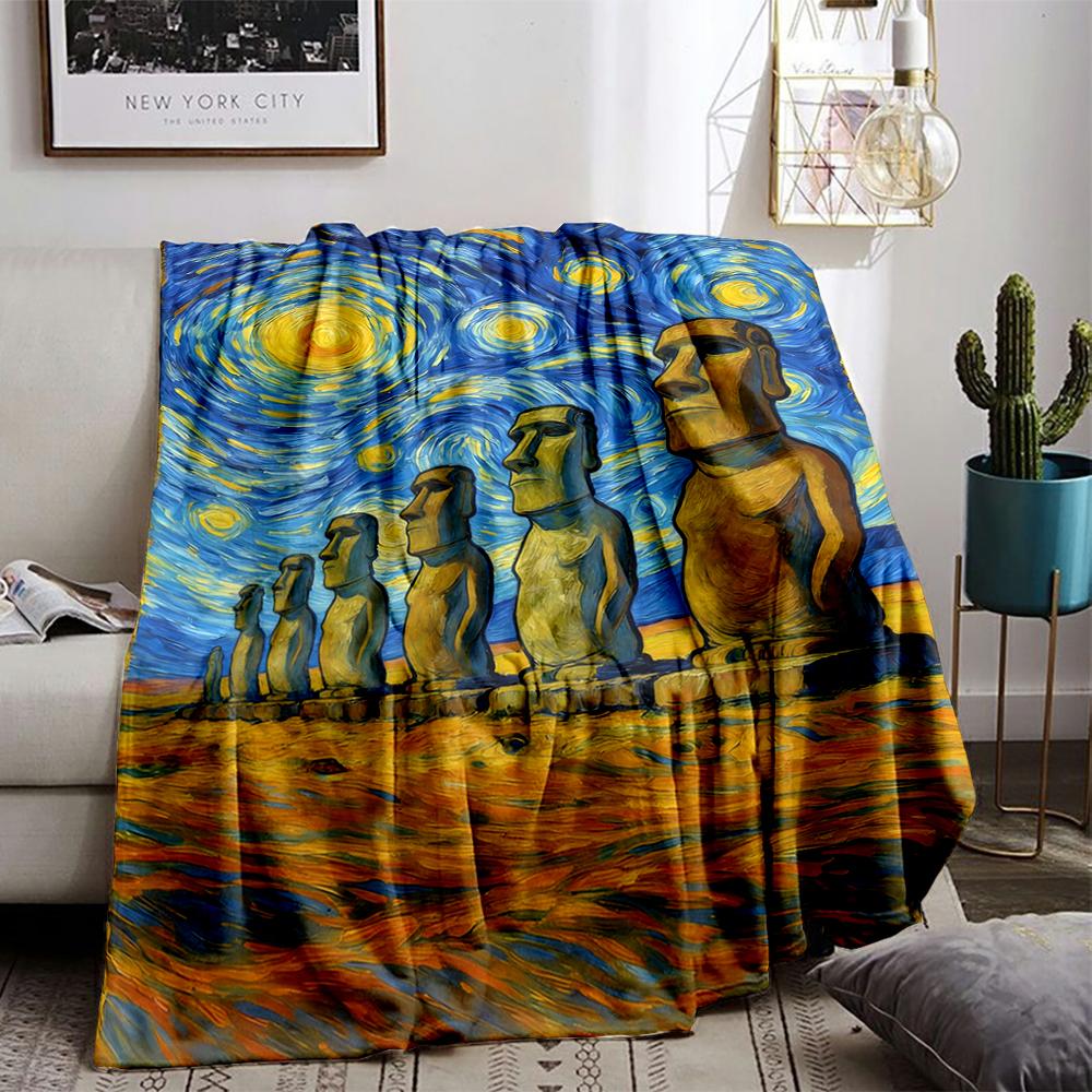 Colorful Abstract blanket with Moai Statues and Starry Sky Design blanket, suitable for use in the bedroom, living room, on the sofa