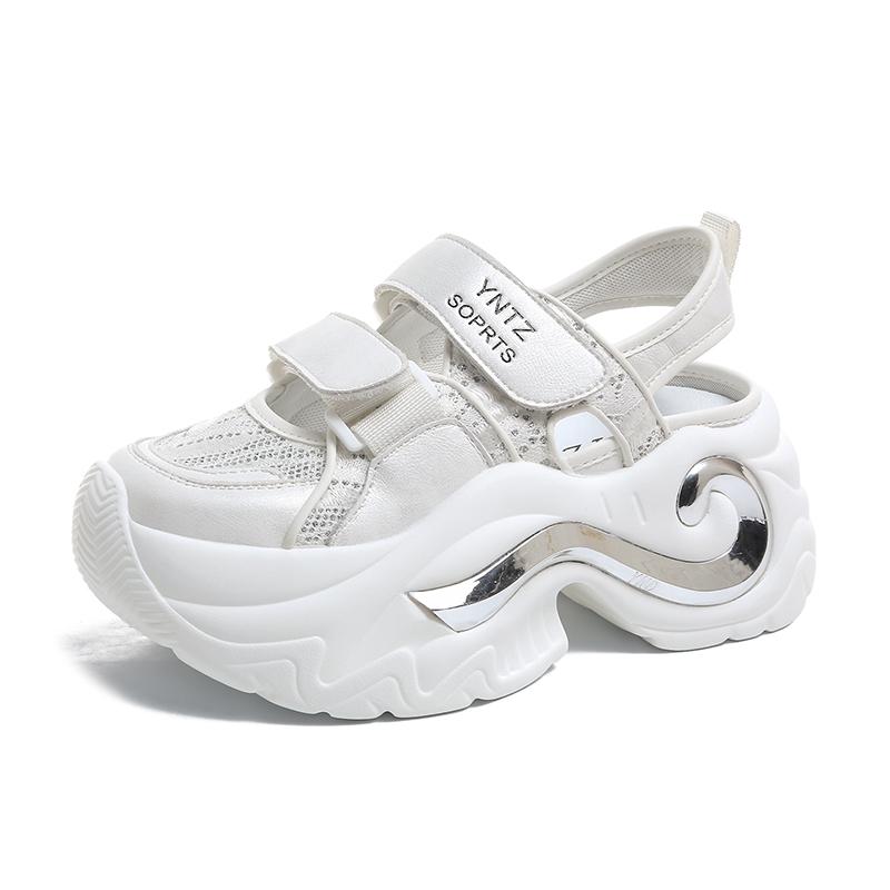 Модные 8-сантиметровые дышащие полые кожаные женские сандалии, вулканизированные сетчатые туфли-гладиаторы на массивной платформе, на высоком каблуке, повседневные летние кроссовки