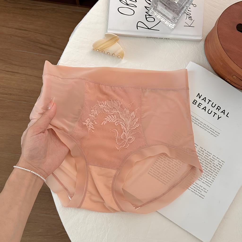 Antibacterial Ice Silk Seamless Women's Underwear High Waisted Jacquard Lace Breathable Plus Size Silk Antibacterial Crotch Triangle Pants