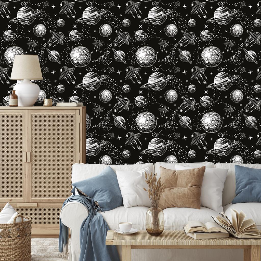 Wallpaper Spaceships among the planets for the living room and bedroom 50x1000