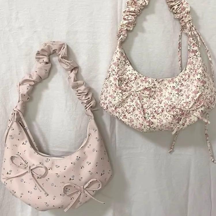 Маленькая свежая и высококачественная сумка-мессенджер с бантом и цветочным принтом, плиссированная наплечная сумка под мышку, повседневная сумка-мессенджер из парусины