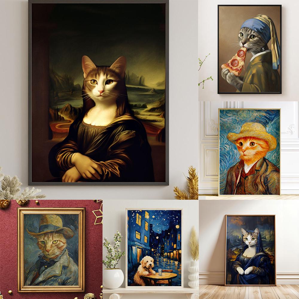 Cat With Pearl Earring Print Mona Lisa Cat Classic Art Cat Poster Renaissance Style Wall Art Parody Cat Canvas Painting Decor