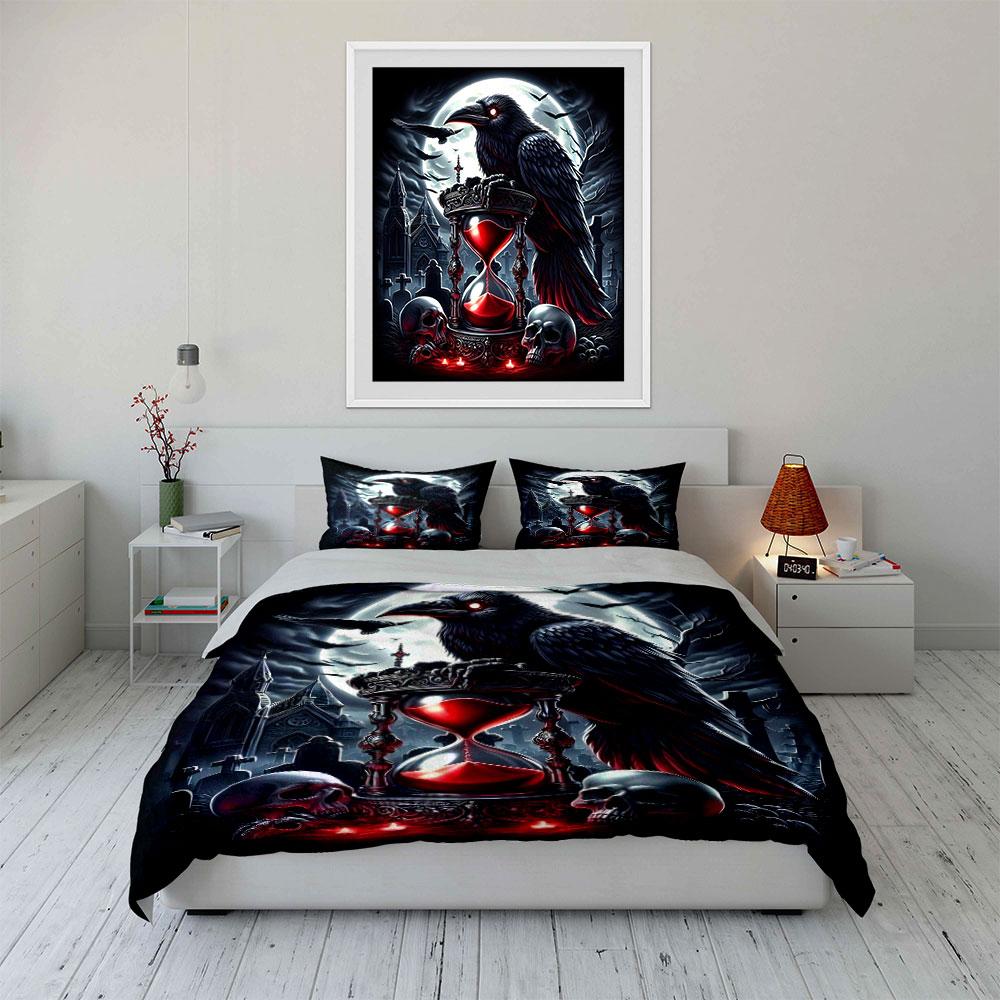Dark Raven with Hourglass Scene Print Bedding Set 1 Duvet Cover 2 Pillowcases for Adult and Children Luxury Gift Full Size