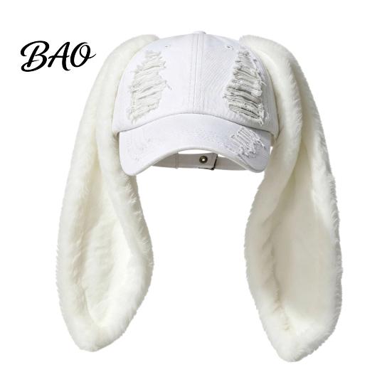 Punk Baseball Cap with Plush Rabbit Ears, Washed Distressed Peaked Hat for Soft Winter, Long Bunny Ear Dance Party Show Festivals Girls