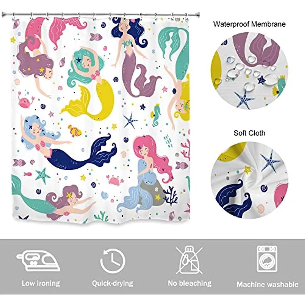 Mermaid Kids Shower Curtain Colourful Cartoon Sea Creatures Starfish Cute Girls Bathroom Decor Polyester Fabric Hanging Curtains