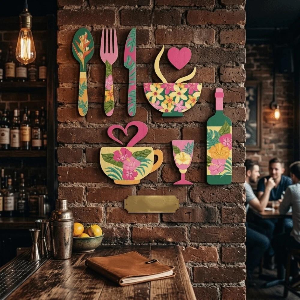 8PCS/SET Retro Wooden Wall Sticker Ornaments Floral Coffee Element Wall Plaques Restaurant Decor