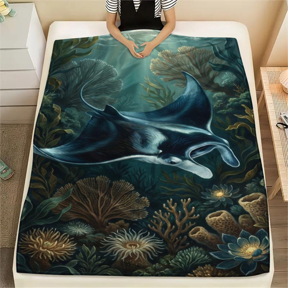 1PC Floral Water Scene Print FlAannel Blanket, High quality Comfortable for All Seasons, Home Decor, Warmth and Comfort