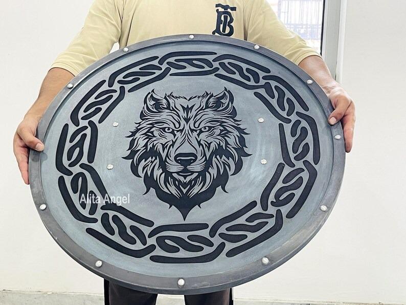 Fenrir Wolf Viking Shield: Battleworn Wooden Norse Decor