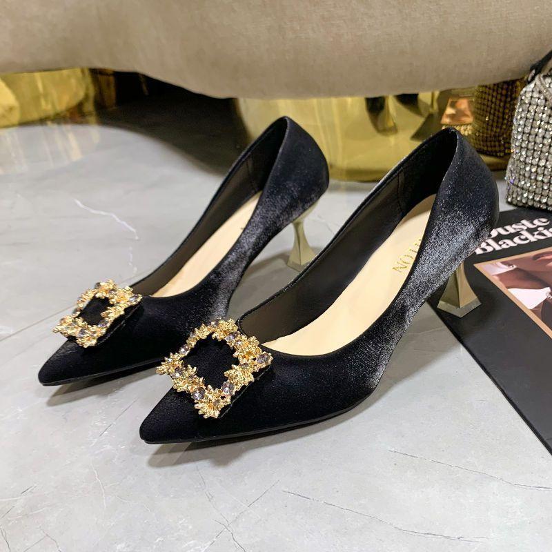 Универсальные французские туфли на высоком каблуке, женские модные туфли с острым тонким каблуком и стразами, весна-осень 2025 года, новинка