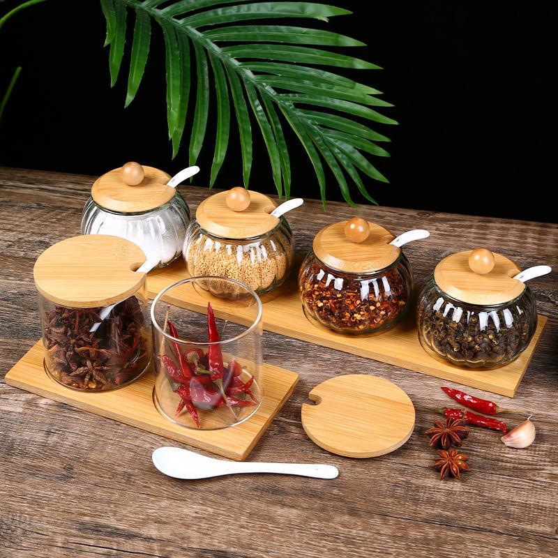 Прозрачная стеклянная банка для приправ с деревянной крышкой, стеклянная бутылка для приправ, бытовой кухонный инструмент для приправ, ящик для хранения соли