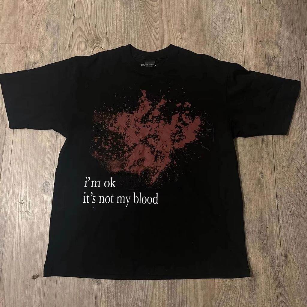 YK New Trendy Crew Neck Tee Harajuku Gothic Blood Letter Graphic Printed Oversized T Shirt Casual Loose Print Streetwear Unisex