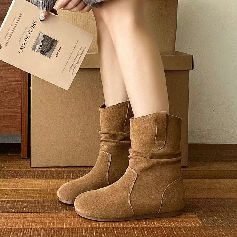 Короткие сапоги Плиссированные ботинки из ворса Осень Новые Merad Birkenstock Вестерн Ковбойские сапоги Хлопковые сапоги Матовые ботинки