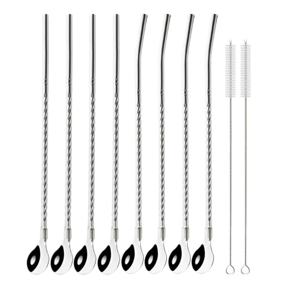 10 шт. многоразовая ложка-соломинка из нержавеющей стали, цветная металлическая соломинка, коктейльная ложка-соломинка, аксессуар для помешивания кофе в молочном баре