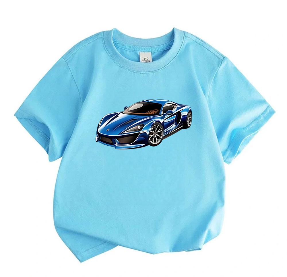 Kids Boys Girls Crew Neck Short Sleeve 100% Cotton T-Shirt, Cool Blue Sports Racing Super Car Print Casual Tees for Toddlers Children Daily Wear Summe