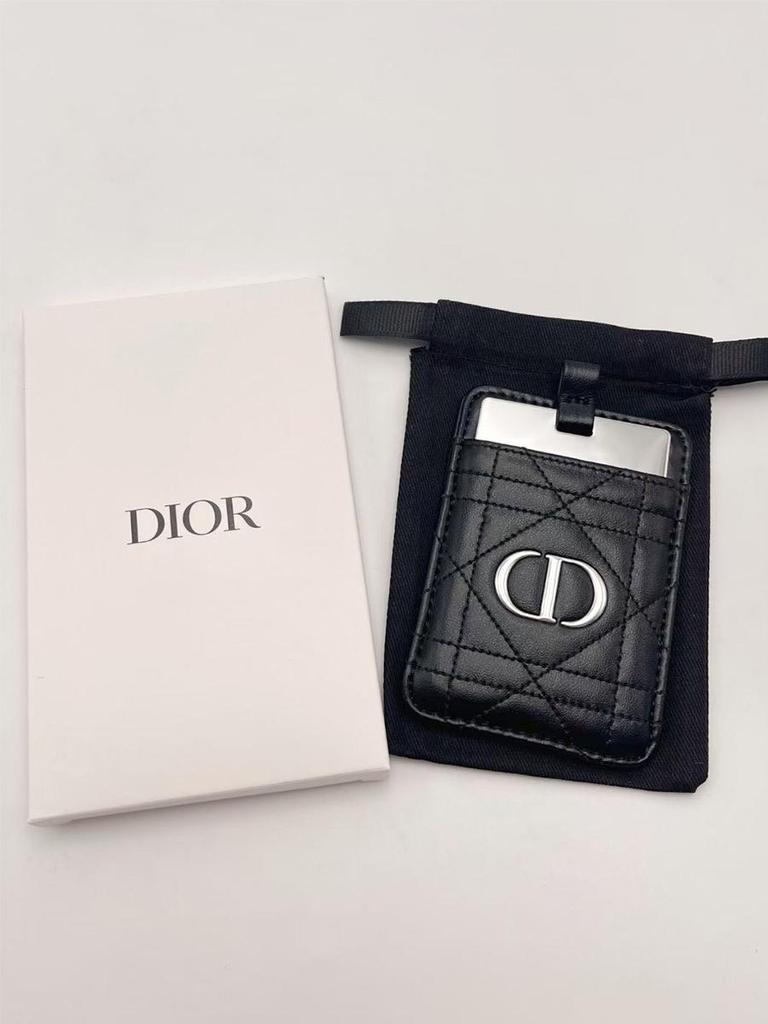 Dior 1 Набор Черный Стеганый Кожаный Держатель для Карт с Мини Зеркальцем Металлический Логотип CD Портативное Зеркало для Макияжа для Женщин Ежедневное Подправление
