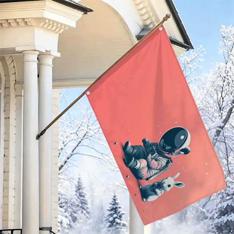 2D Flat, 1pc 2D Flat Decorative Flag, Astronaut and Rabbit Pink Space Theme Illustration Flag, Single-Sided Printed Tapestry, Home Living Room Bedroom