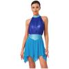 Womens Lyrical Dance Dress Ruched Metallic Mesh Rhinestone Detail Irregular Hem Sleeveless Backless Built In Briefs Leotard